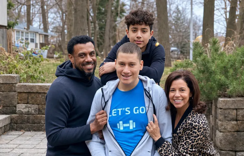 An athlete in a Let’s Go Fitness T-shirt, smiling with family
