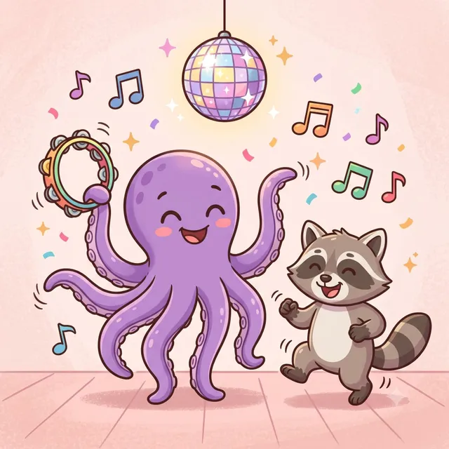 Illustration of an octopus and raccoon dancing under a disco ball