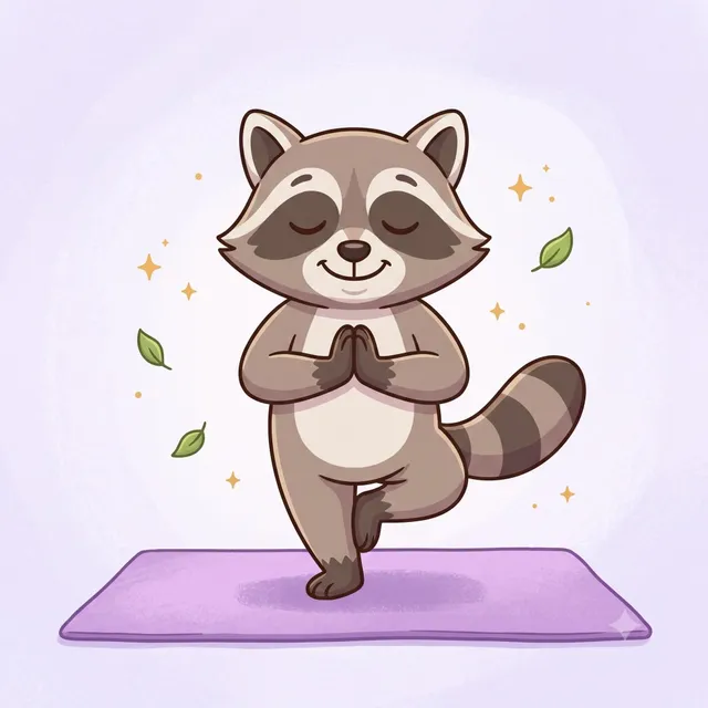 Illustration of a calm raccoon in a yoga tree pose